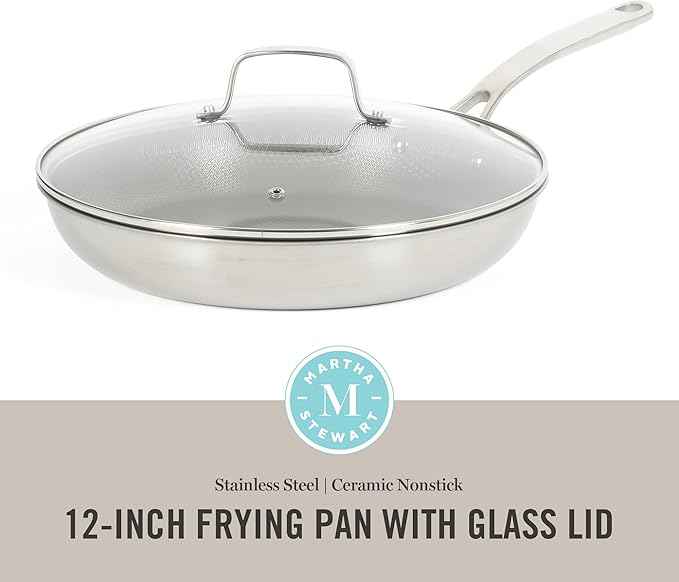 Martha Stewart Badgley Hybrid Nonstick 12 Inch TriPly Stainless Steel Large Fry Pan With Lid & Stay Cool Handle - Laser Etched Non-Toxic Perfect Sear Nonstick Skillet - Dishwasher and Induction Safe