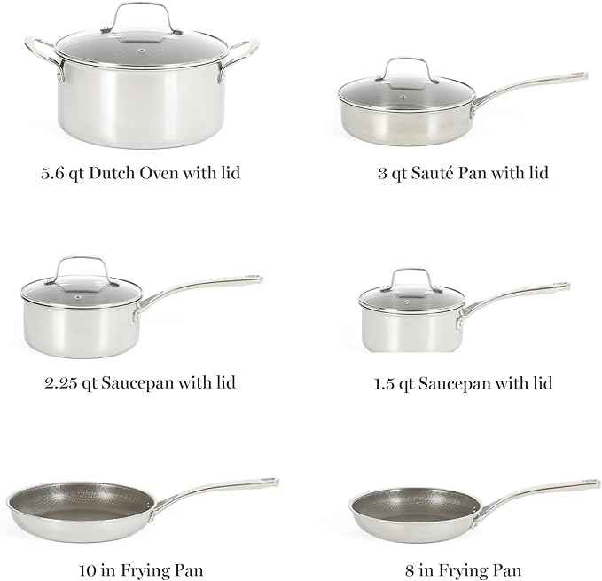 Martha Stewart Badgley Hybrid Nonstick 10 Piece TriPly Stainless Steel Pots and Pans Non-Toxic Kitchen Cookware Set - Laser Etched Perfect Sear Nonstick W/Stay Cool Handle Dishwasher & Induction Safe