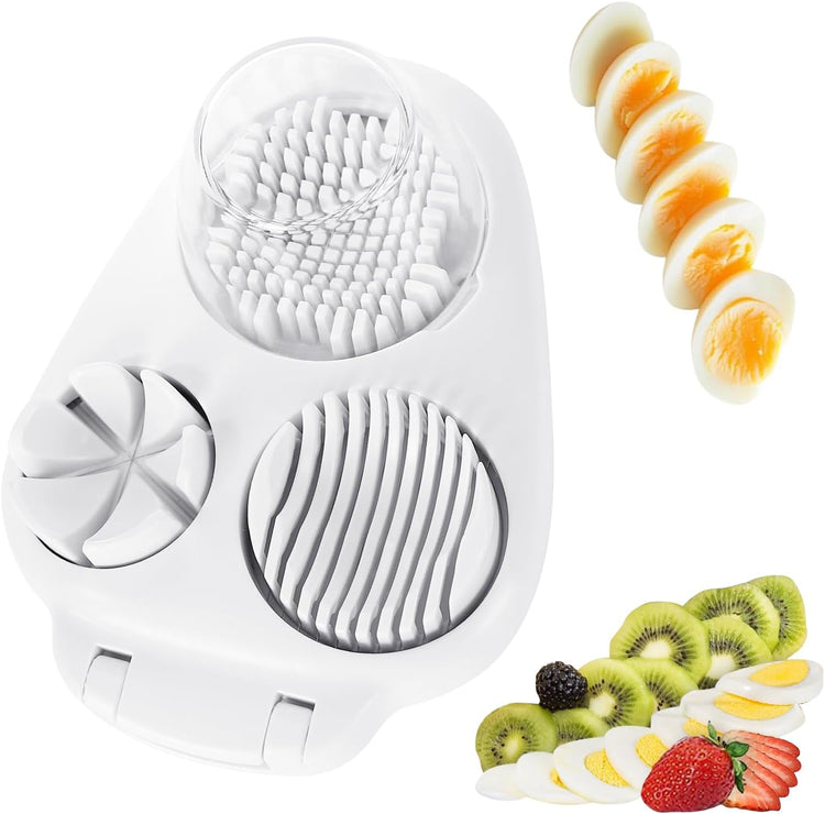 Nbippiooiwip 3-In-1egg Slicer For Hard Boiled Eggs,egg slicer 3 ways,Stainless Heavy Duty Steel Egg Slicer Kitchen Gadget, Fit Strawberry,Apple,Banana,Cherry,Tomato,White