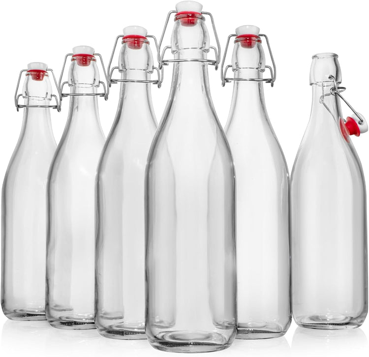 WILLDAN Swing Top Glass Bottles [1 Liter / 33 fl. oz.] [Pack of 6] Flip Top Brewing Bottle w/Leak Proof Stopper Lids for Fermentation, Kombucha, Mead, Vinegar, Beer, Kefir, Wine, Water, Soda