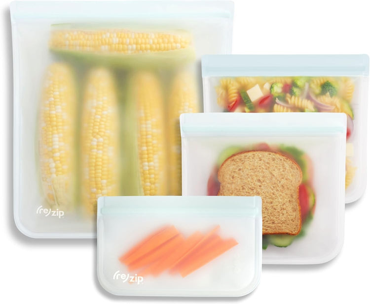 re) zip 4-Piece Reusable Lunch & Leftovers Food Storage Bags – Leakproof, Airtight, BPA-Free, Food-Safe PEVA – Freezer Safe & Travel Friendly – Includes 1 Gallon, 2 Sandwich & 1 Snack Bag (4 Count)