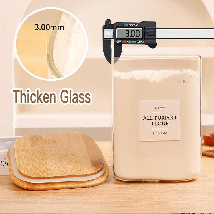 2 Pack large Square Glass Flour and Sugar Containers with 132 Kitchen Pantry Labels - 110 floz & 51 floz - Glass Jars with Airtight Bamboo Lid - Glass Rice Canisters for Coffee, Pasta, Cookie, Cereal