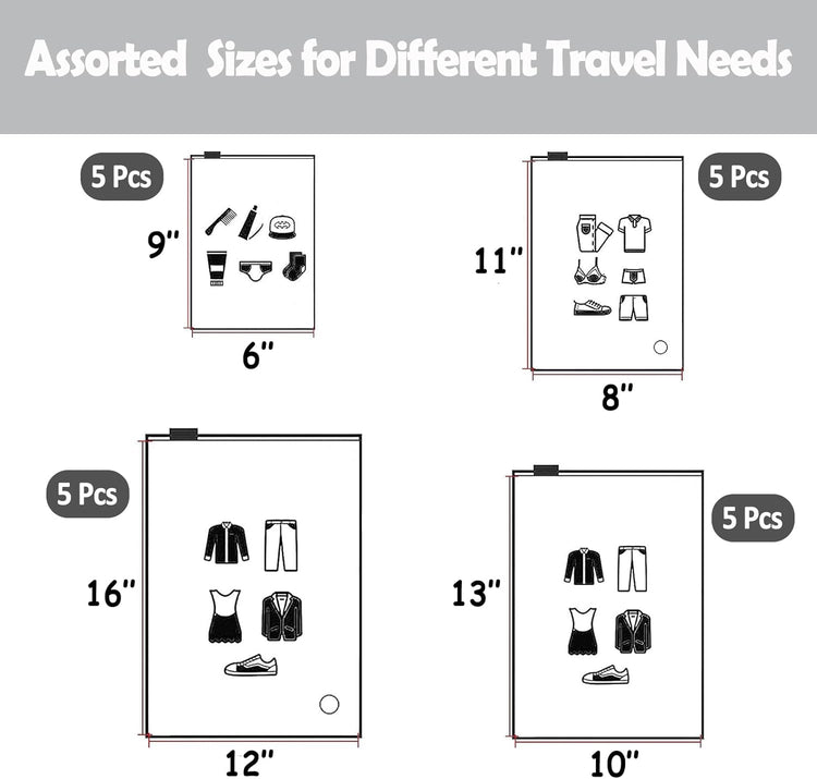 (20 pcs Value Pack) Travel Luggage Organizer Bags, Assorted Sizes, 4Mil Resealable Slider Zip Plastic Clothing Packaging, Frosted Travel/Home Storage and organizing Pouches, Space Saver Bag