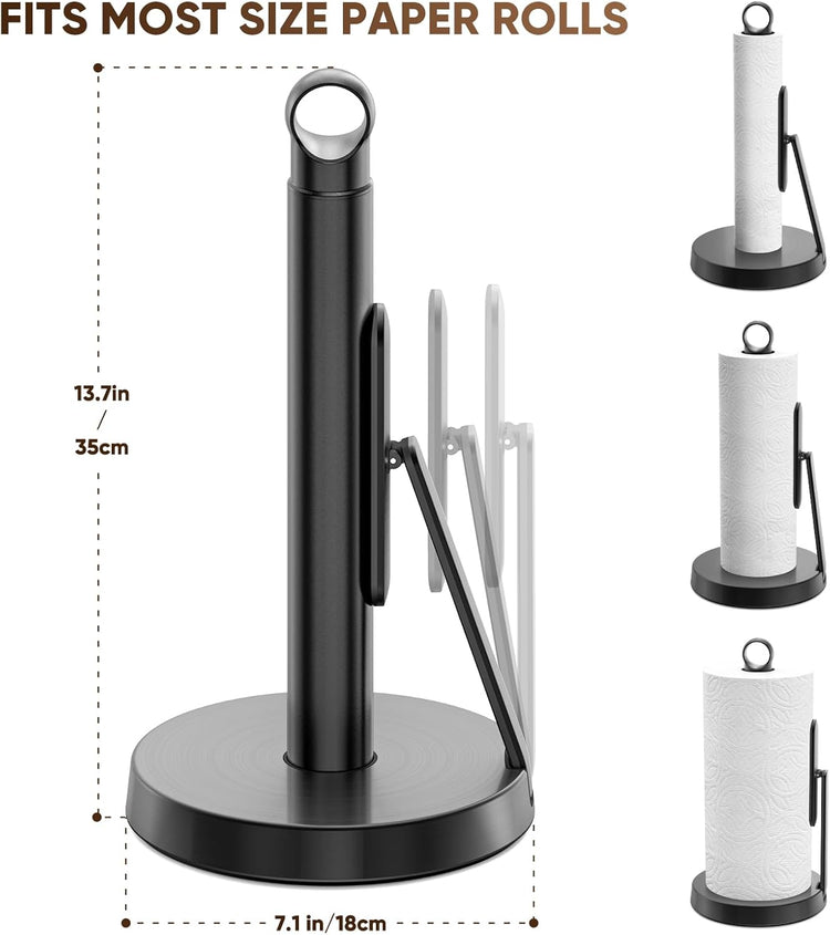 theaoo Heavy-Duty Stainless Steel Paper Towel Holder with Tension Arm – Easy One-Handed Tear, Modern Standing Countertop Dispenser for Kitchen, Holds All Paper Towel Rolls (1, Black)