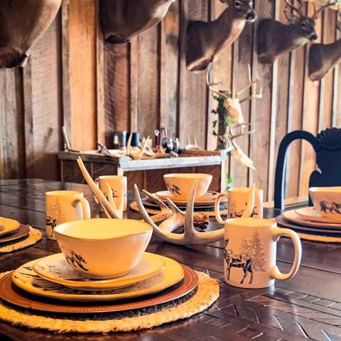 Paseo Road White Pine 16 Piece Ceramic Dinnerware Set, Pine Tree Bear Deer Moose Fox Print, Modern Rustic Cabin Lodge Dish Set with Plates, Bowls, Mugs