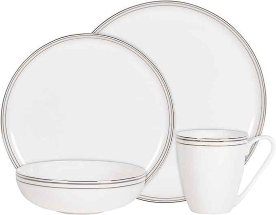 Everyday White by Fitz and Floyd Nevaeh Bone China Coupe Platinum Bands Dinnerware Set, Service for 4