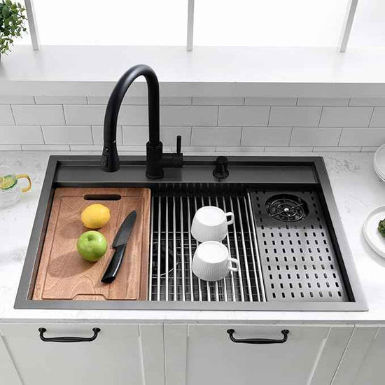 33 Inch Black Drop In Kitchen Sink Workstation with Glass Rinser -VOKIM 33x22 Drop In sink Workstation Stainless Steel 16 Gauge Deep Single Bowl Kitchen Sink with Cup Washer