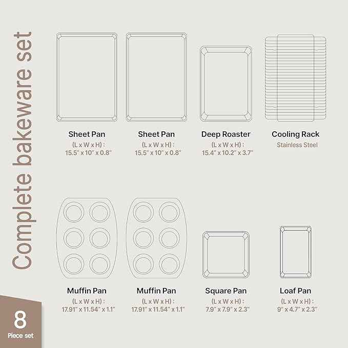 Bakken 8-Piece Ceramic Coated Bakeware Sets, Nonstick Aluminized Steel Pans with Muffin, Loaf, Cake, Roasting Pan, & Cooling Rack, Oven Safe Up To 500°F, Dishwasher Safe, BPA, PTFE & PFAS Free, Black