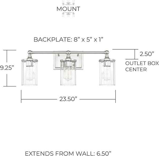 Capital Lighting 120731PN-423 Camden Clear Beveled Glass Bath Vanity Wall Mount, 3-Light 300 Total Watts, 9" H x 24" W, Polished Nickel