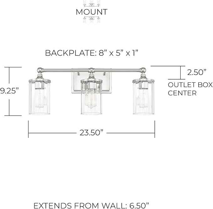 Capital Lighting 120731PN-423 Camden Clear Beveled Glass Bath Vanity Wall Mount, 3-Light 300 Total Watts, 9" H x 24" W, Polished Nickel