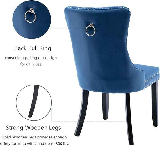 Upholstered Dining Chairs Set of 4, Velvet Dining Room Chairs with Back Ring Pull Trim and Solid Wood Legs, Tufted Wingback Kitchen Chair Perfect for Dining Room,Living Room,Kitchen(Blue)