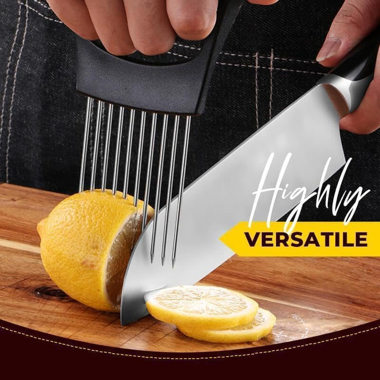Onion Slice Holder - 2024 New Stainless Steel Slicing Assistant Tool for Onion, Meat, Potato, Tomato - Kitchen Gadget Chopper Cutter (Grey, 1 Pack)