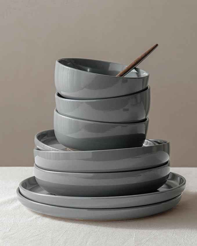 Famiware Milkyway Stoneware Dinnerware Sets with Mugs, Service for 4 (16pcs), Plates and Bowls Sets, Scratch Resistant, Microwave and Dishwasher Safe Dishes Set, Dark Gray