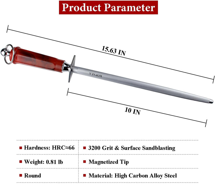 Sharpening Steel Knife Sharpener Rod Round 10 Inches Honing Steel for Knives Red