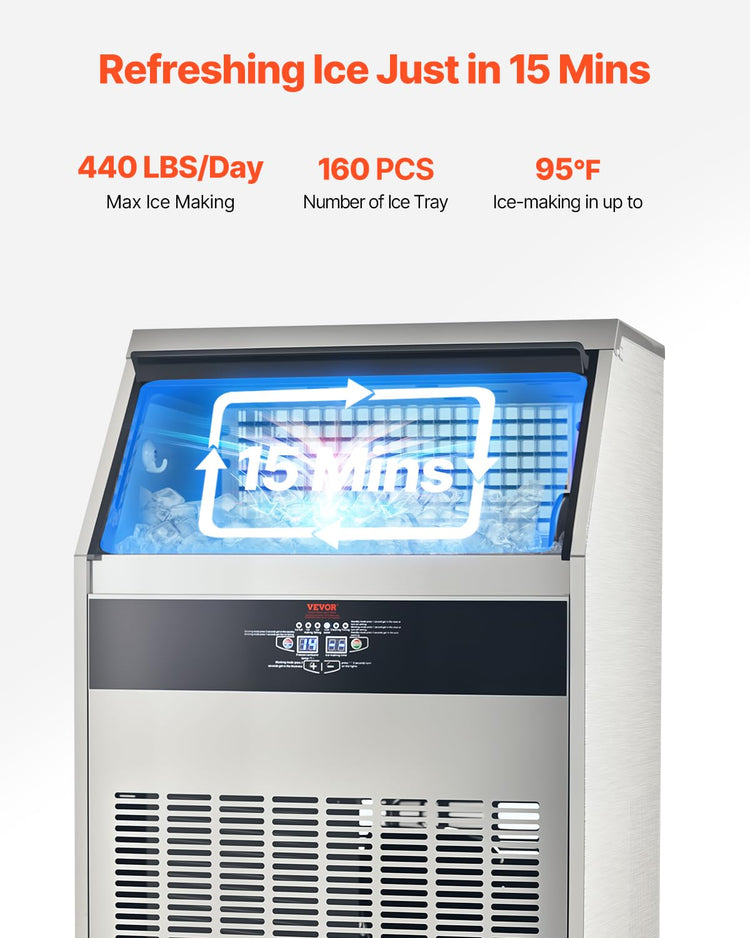 VEVOR Commercial Ice Maker Machine, 440lbs/24H Ice Maker Machine with 110lbs Storage Capacity, 160 Ice Cubes in 15 Minutes, LED Digital Display Freestanding Self-Cleaning for Bar Office Restaurant