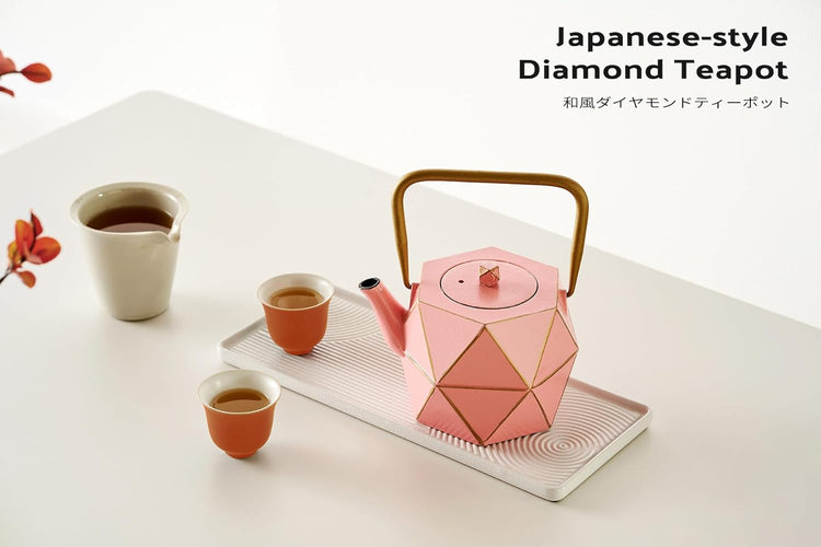 Toptier Cast Iron Teapot, Stovetop Safe Japanese Cast Iron Tea Kettle, Diamond Design Tea Pot with Removable Infuser for Loose Tea, 40 Ounce (1200 ml), Pink