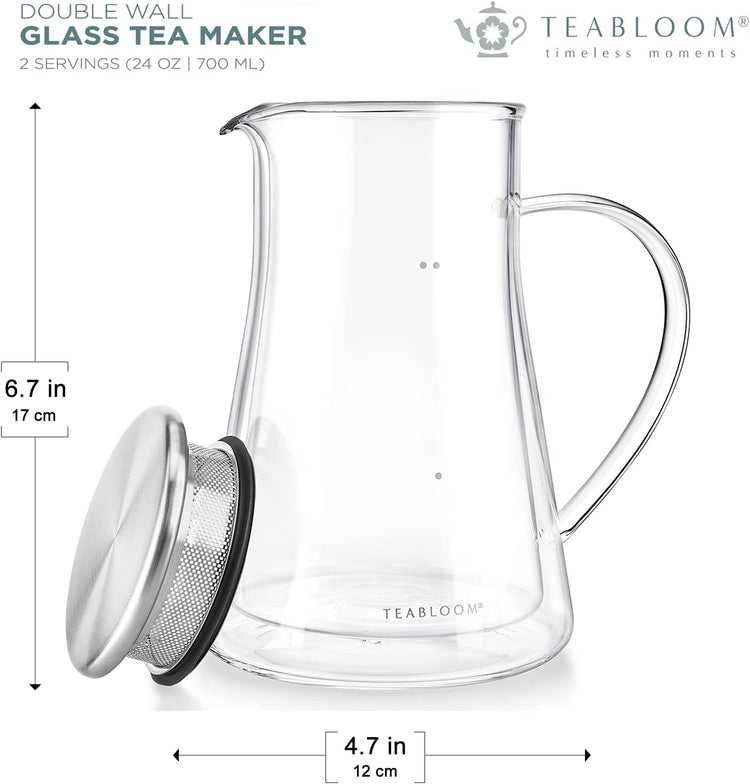 Teabloom Insulated Teapot Keeps Tea Hot – Tea Maker For Two (24 oz) – Double Wall Heatproof Glass Tea Steeper with Stainless Steel Filter Lid for Loose Leaf Tea