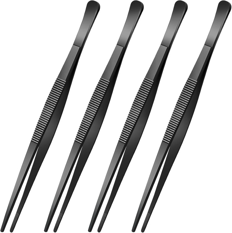 Yaomiao 4 Packs 10 Inch Bar Tweezers Black Long Garnish Tongs Stainless Steel Kitchen Cooking Tongs Tweezers for Food Cocktail Korean BBQ Bartender Chef, Multi-use