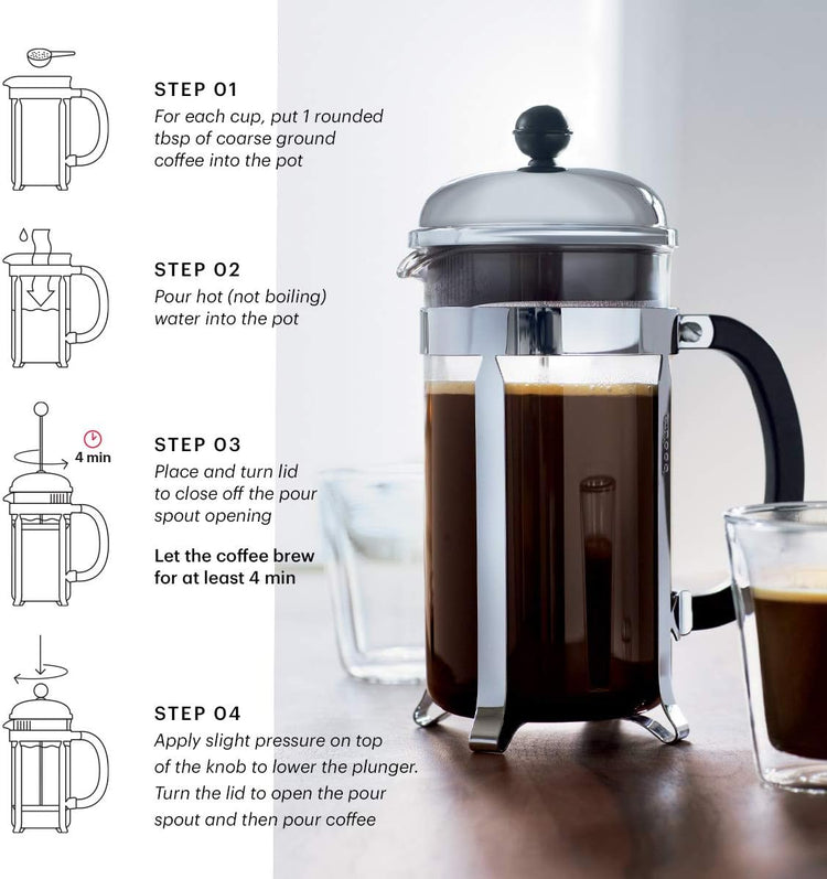 Bodum 34oz Chambord French Press Coffee Maker, High-Heat Borosilicate Glass, Stainless Steel, White – Made in Portugal