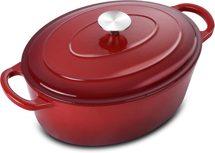 5QT Oval Dutch Oven Pot with Lid, Leonyo 5 Quart Enameled Oval Cast Iron Dutch Oven for Sourdough Bread Breaking, Heavy Duty Cookware for Braising, Stews, Roasting, Red - Nestoria