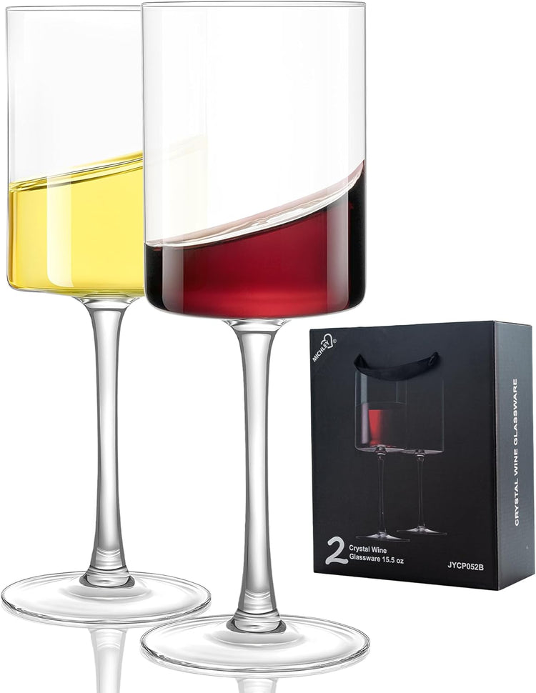 MICHLEY Square Crystal Wine Glasses Set of 2-15.5 oz large Long Stem Glassware Red/White Glasses Drinkware Perfect Gifts for Women, Wedding,Birthday Decorations