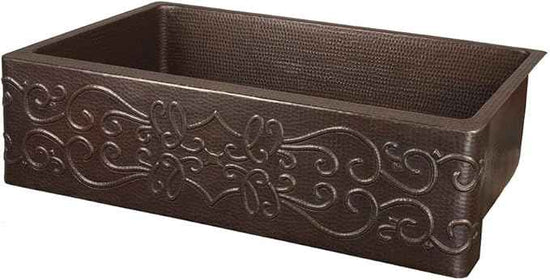 Premier Copper Products KASDB30229S 30-Inch Copper Hammered Kitchen Apron Single Basin Sink with Scroll Design, Oil Rubbed Bronze