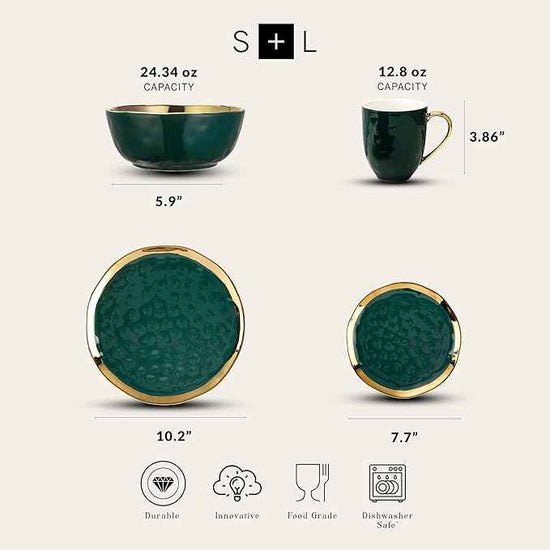 Stone Lain Florian Modern Porcelain 16 Piece Dinnerware Set, Plates and Bowls Set, Dish set for 4, Green and Golden Rim