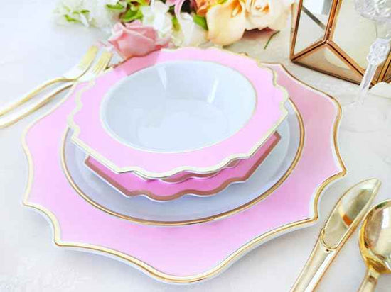 " OCCASIONS " 640 Piece set (80 Guests)-Heavyweight Wedding Party Disposable Plastic Plate Set - 80 x 10.5'' + 80 x 8'' + Silverware + Cups + Napkins (Imperial in Rose Pink & Gold)