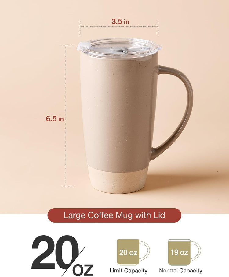 famiware Milkyway Coffee Mugs, 20oz Large Coffee Mug, Ceramic Mug Set of 2 with Lid, Cup Set with Handle for Latte, Tea, Cocoa, Milk, Home & Office, Cinnamon Brown and Dark Gray