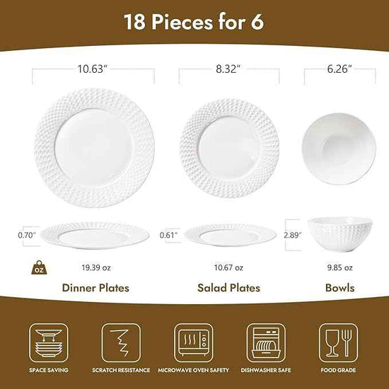 KINGSTONE Bone China Dinnerware Set, 18-Piece White Lightweight Porcelain for 6, Plates and Bowls with Rhombus patterned edge design, Microwave and Dishwasher Safe, for Family, Restaurant, Gifting