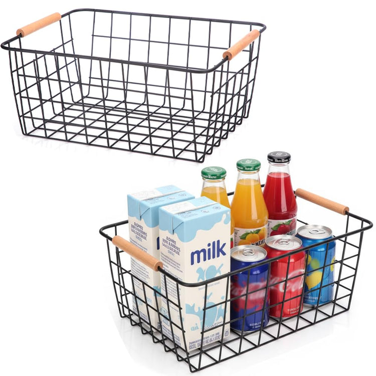 Wire Baskets with Wooden Handles Wire Storage Organizer Bin Baskets (2 Count)