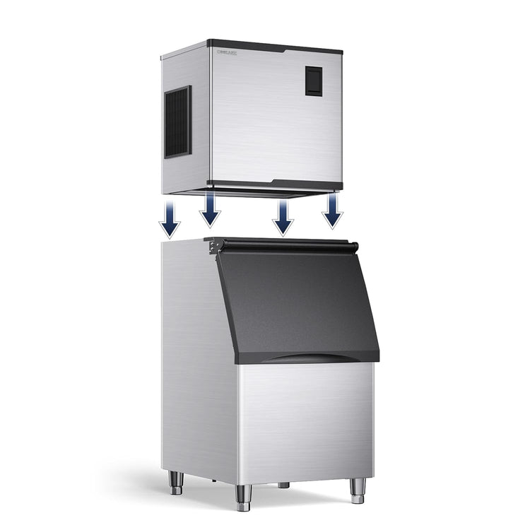 Coolake 360 lb. Commercial Ice Machine Storage Bin, 26" Stainless Steel Space Saving Footprint Ice Bin with Convenient Lift-up Door, Filter, Scoop, Adjustable Feet, for Bar Restaurant Shop