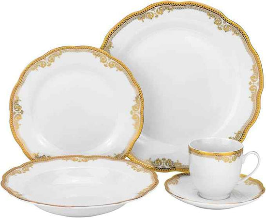 Euro Porcelain 20-pc Luxury Dinnerware Set with Scalloped Edges 24K Gold Ornament, HQ Dining Tableware Service for 4