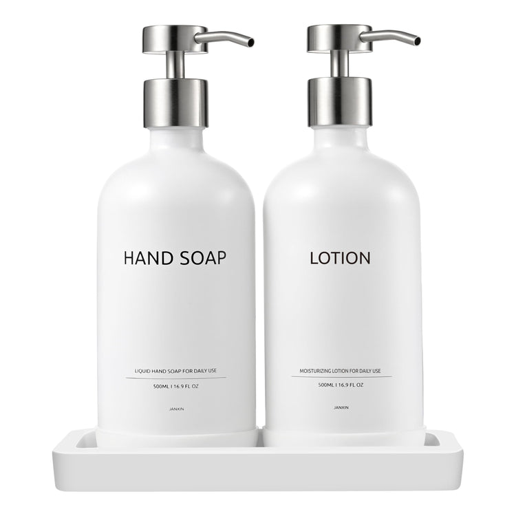 Glass Kitchen Soap Dispenser Set with Ceramic Tray