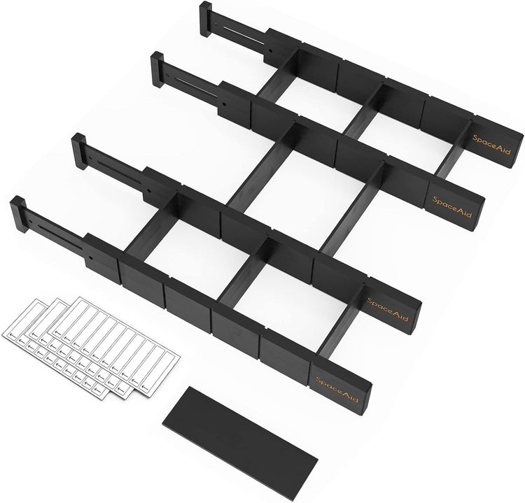 SpaceAid Bamboo Drawer Dividers with Inserts and Labels, Kitchen Adjustable Drawer Organizers, Expandable Organization for Home, Office, Dressers, 4 Dividers with 9 Inserts (17"-22" Black)