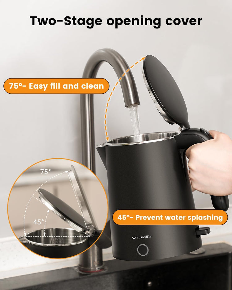 Electric Kettle Stainless Steel, 1.0L Small Water Boiler 1200W Fast Boiling, Double Wall Tea Kettle Pot Automatic Shut Off, Durable Coffee & Tea Maker/Warmer/Heater Black