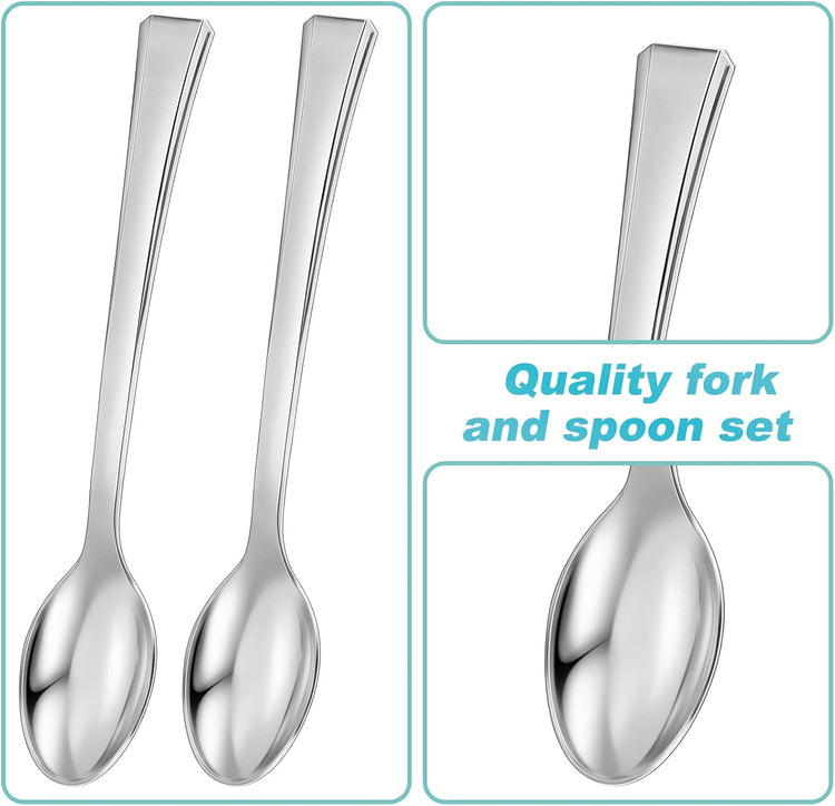Yinkin 300 Pieces Plastic Mini Appetizer Spoon 4.53 Inch Stainless Steel Finished Silver Disposable Silverware Heavy Duty Plastic Tasting Dessert Forks for Party Wedding Catering