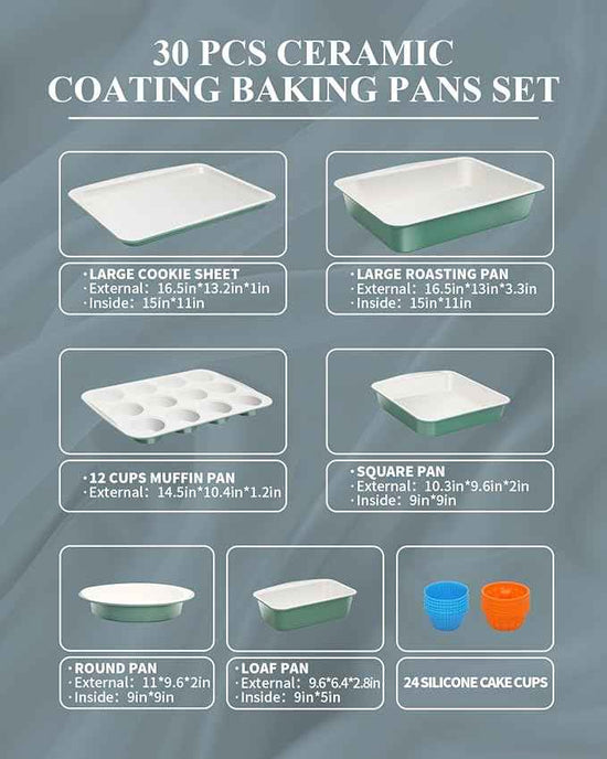 Ceramic Nonstick Baking Pans Set, Non Toxic 30 PCS Stackable Bakeware Sets, 550°F Oven Safe Baking Sheet & Pans, Warp-Free, Dishwasher Safe, PTFE/PFOA/PFOS-Free (Green)