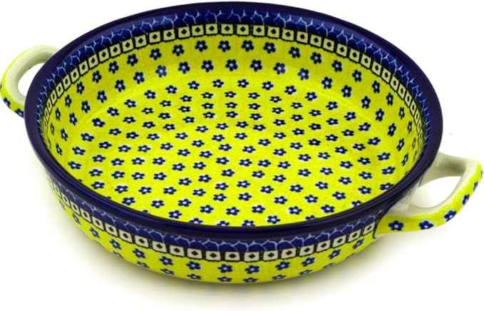 Polmedia Polish Pottery Round Baker with Handles 10-inch - Sunburst Daisies Pattern Handmade in Boleslawiec Poland by Ceramika Artystyczna + Certificate of Authenticity
