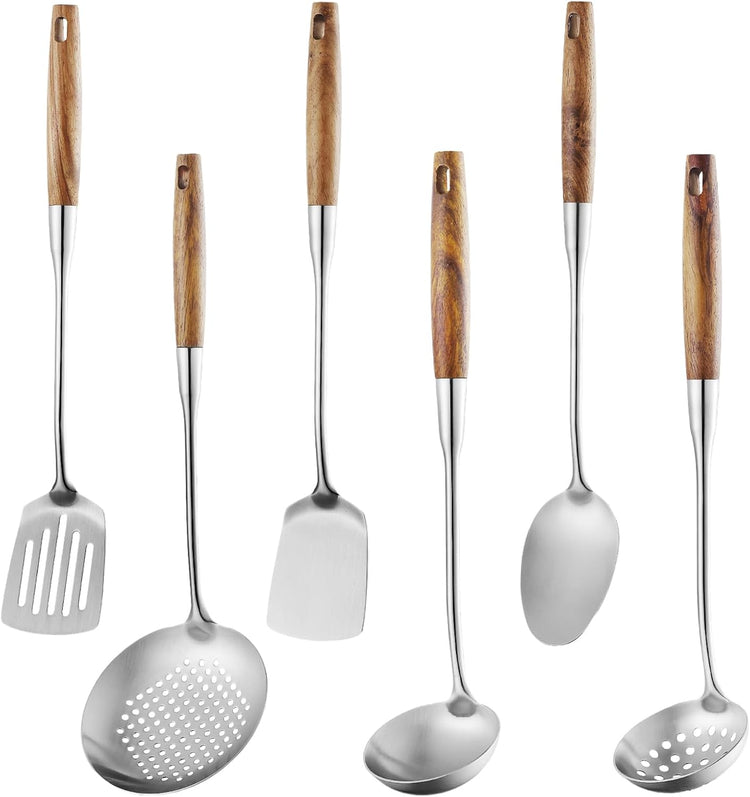 Lazycorner 304 Wooden Handle Stainlss Steel Kitchen Utensils Set 6 Pcs Cooking Utensils Set Heat Resistant Wooden Handle Kitchen Tools, Stainless Steel Wok Spatula
