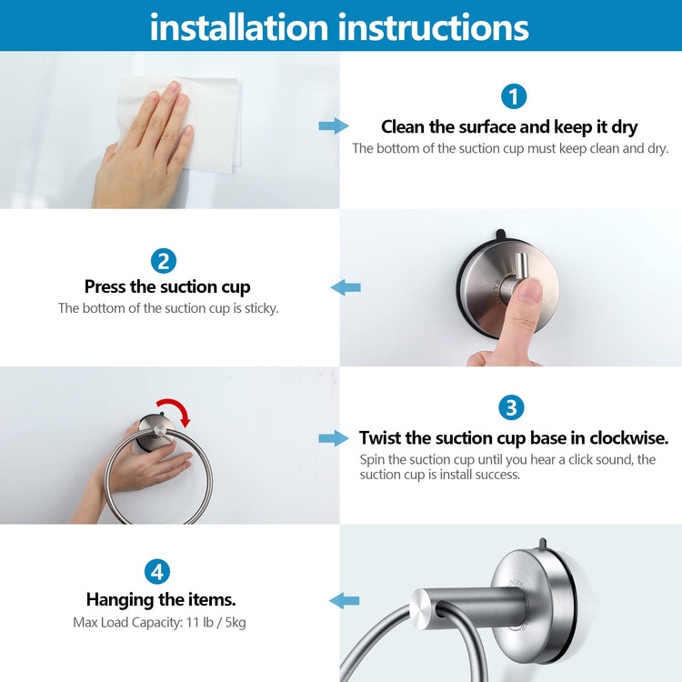 Suction Cup Hand Towel Ring Brushed Nickel Hand Towel Holder for Bathroom Wall SUS 304 Stainless Steel Kitchen Towel Hanger