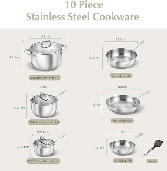 KOCH SYSTEME CS Stainless Steel Pots and Pans Set, 10 Piece Stainless Steel Cookware Set for Professional Cooking, Kitchen Cookware Sets, Induction Compatible Cookware Set 10 Pcs, Pots and Pans