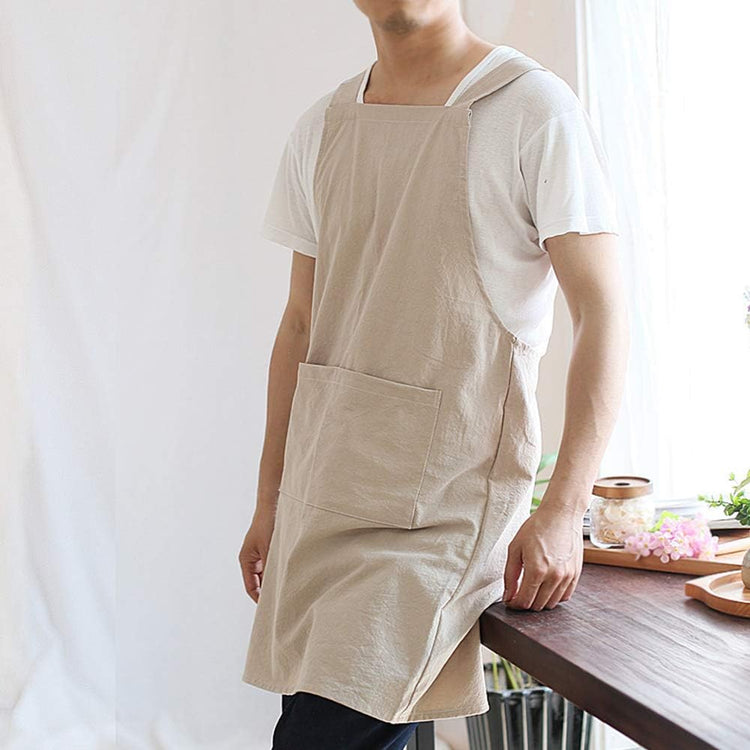 NEWGEM Japanese Linen Cross Back Cooking Aprons for Women Men with Pockets Cute for Baking Kitchen