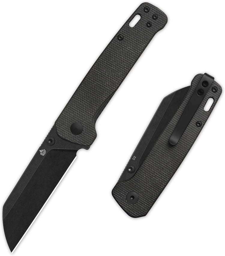 QSP Penguin V2 Folding Pocket Knife, 3.06" D2 Black Stonewash Blade EDC Knife, Dark Brown Micarta Handle, Liner Lock, Ceramic Ball Bearings, Reversible SS Deep Carry Clip