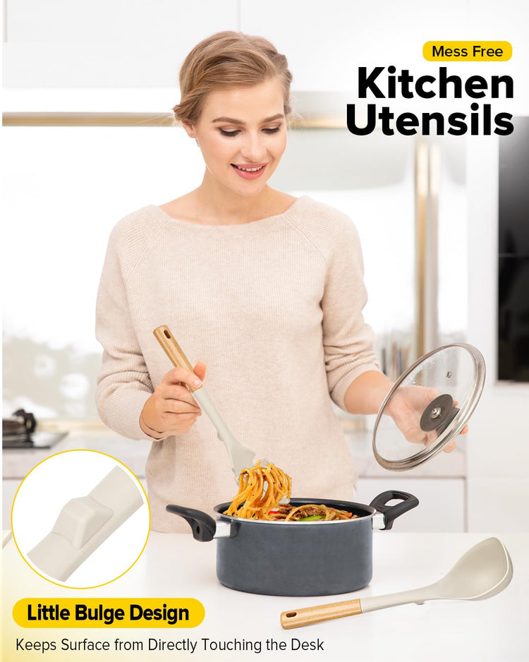 Silicone Soup Ladle and Spaghetti Spoon Set with Wooden Handle (2 Count)