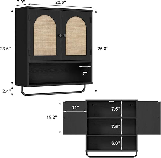 RUSTOWN Rattan Bathroom Wall Cabinet, Boho Medicine Cabinet with 2 Arched Doors, Farmhouse Over The Toilet Storage Cabinets with Adjustable Shelves & Towel Bar