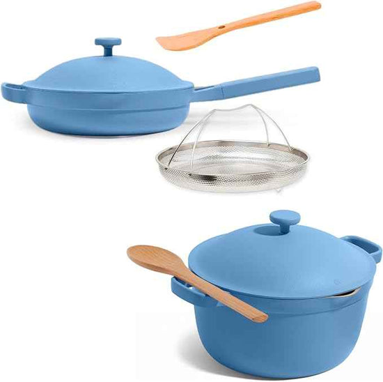 Our Place Cookware Duo | 7-Piece Ceramic Cookware Set with 10.5" Always Pan 2.0, 5.5 Qt Perfect Pot & Strainer Basket | Induction & Oven Safe up to 450°F | Nonstick, Non-Toxic | Forget-Me-Not Blue