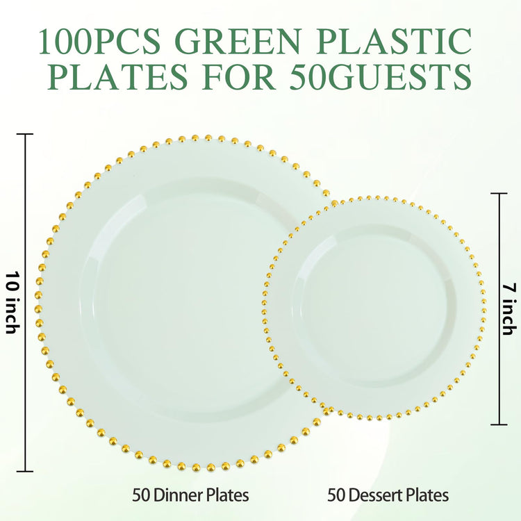 100pcs Green Plastic Plates with Gold Bead Design for Wedding (100 Count)