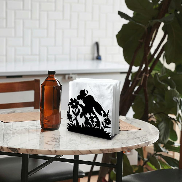 Rabbit Flower Decorative Black Metal Napkin Holder for Table, 5.3" x 4.9" x 1.9" Bunny Butterfly Animal Standing Napkin Holder for Home Kitchen Restaurant Picnic Party Coffee Bar Dining Room