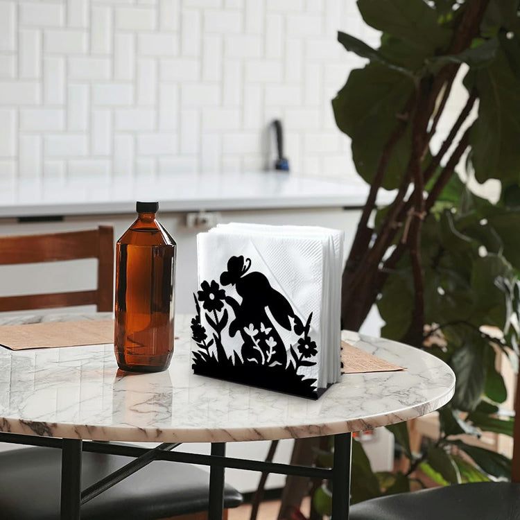 Rabbit Flower Decorative Black Metal Napkin Holder for Table